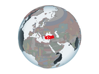 Turkey with flag on globe isolated