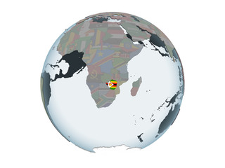 Zimbabwe with flag on globe isolated