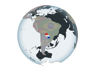 Paraguay with flag on globe isolated