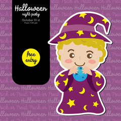 Cute Halloween design concept with little wizard and magic ball for poster, banner, party invitation, greeting card. Vector Illustration.