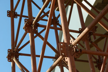 Scaffolding Elements Construction. Metal scaffolding tubes and bars. Construction site details. Bridge support.