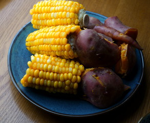The steamed corn and sweet potato