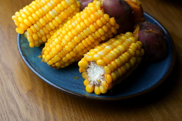 The steamed corn and sweet potato