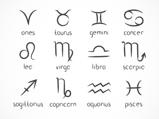 Vector set of zodiac signs. Hand drawn elements. Horoscope symbols collection: aries, taurus, gemini, cancer, leo, virgo, libra, scorpio, sagitarius, capricorn, aquarius, pisces. Monochrome.