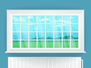 Illustration with window in realistic style and the rustic landscape outside the window. Vector background.