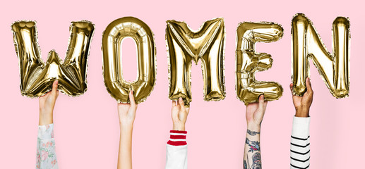 Hands showing women balloons word