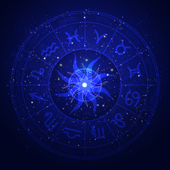 Illustration with Horoscope circle and Zodiac symbols on the starry night sky background. Vector illustrations in blue color.