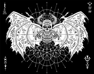 Evil demon skull and snakes against background with white circle pattern on black. Esoteric, occult and Halloween concept, mystic vector illustrations for music album, book cover, t-shirts