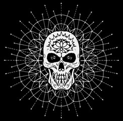 Scary skull against white pattern circle on black background. Esoteric, occult and Halloween concept, mystic vector illustrations for music album, book cover, t-shirts