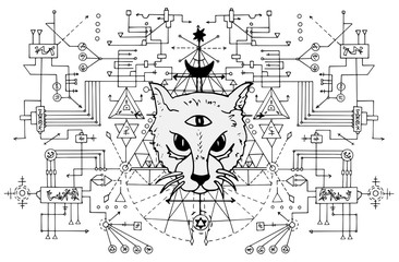 Cat muzzle with mystic signs against black and white sacred geometry. Esoteric, occult and Halloween concept, mystic vector illustrations for music album, book cover, t-shirts