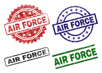 AIR FORCE seal prints with corroded texture. Black, green,red,blue vector rubber prints of AIR FORCE tag with grunge texture. Rubber seals with round, rectangle, rosette shapes.