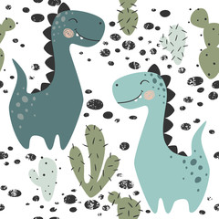Dinosaur baby boy seamless pattern. Sweet dino with cactus. Scandinavian cute print.