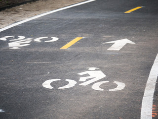 Photograph of a brand new asphalt bike path in Chicago with two way traffic bike symbols and arrows painted in white warning pedestrians of passing bicycles.