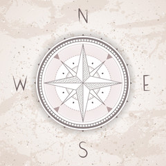 Vector illustration with a vintage compass or wind rose on grunge background. With basic directions North, East, South and West.