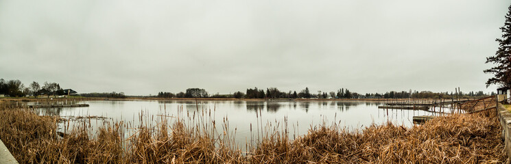 Fototapeta na wymiar Beautiful outdoors landscape nature panorama of cattail reeds and pine trees lining the calm waters of a river or lake in Warroad Minnesota with cloudy white and gray sky above.