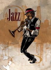 Afro american guy playing trumpet with feeling Roots jazz player over grunge background - obrazy, fototapety, plakaty