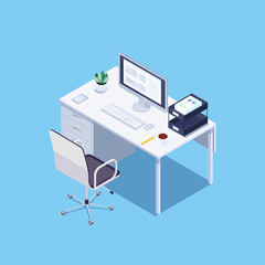 Isometric concept of office workplace.