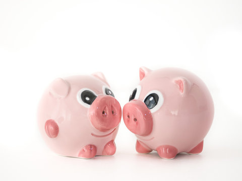 Close up photograph of two pink round pig ceramic salt and pepper shakers kissing or touching snouts facing each other isolated on a white background with space around the animal shaped objects.