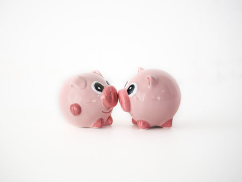 Close up photograph of two pink round pig ceramic salt and pepper shakers kissing or touching snouts facing each other isolated on a white background with space around the animal shaped objects.