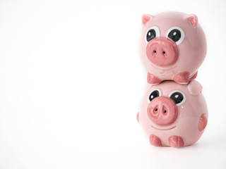 Funny close up photograph of two pink round pig ceramic salt and pepper shakers piggy backing or stacked on one another isolated on a white background with space around the animal shaped objects.