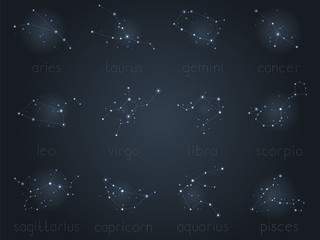 Vector set of zodiac constellations. Shining stars in the night sky. Horoscope collection: aries, taurus, gemini, cancer, leo, virgo, libra, scorpio, sagitarius, capricorn, aquarius, pisces.