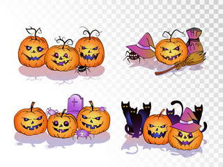 Vector set of smiling Pumpkins on transparent background. Halloween collection.