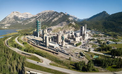 Aerial view of an industrial site in the Canadian Rockies during a vibrant sunny summer day. Taken...