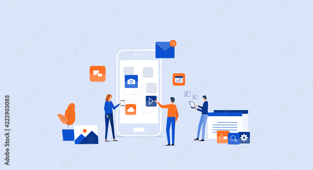 Aufkleber programmer and design team develop for mobile application with business team working concept
