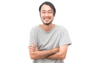 Portrait of a asian young handsome man with arms crossed and smiling while standing isiolated on white background