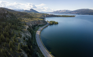 Aerial panoramic view of Okanagan Lake during a sunny summer day. Taken near Penticton, BC, Canada.