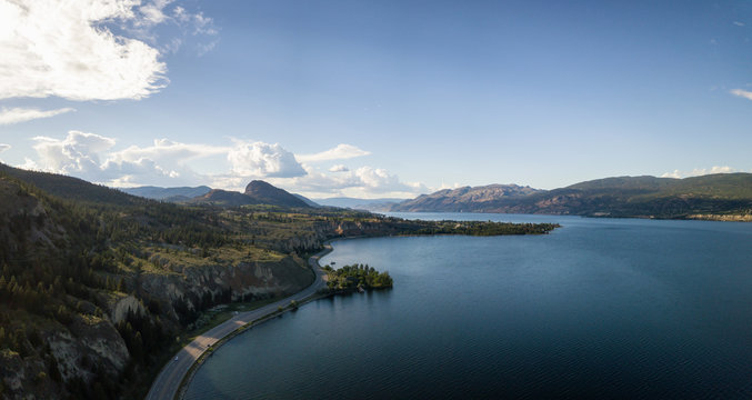 Aerial panoramic view of Okanagan Lake during a sunny summer day. Taken near Penticton, BC, Canada.