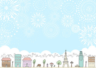 手描き　街並み　花火
