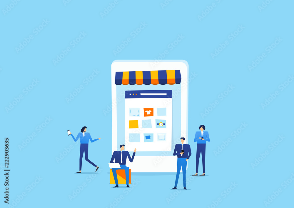Aufkleber group people business  connect to online shop concept with developer team create shopping application on mobile concept
