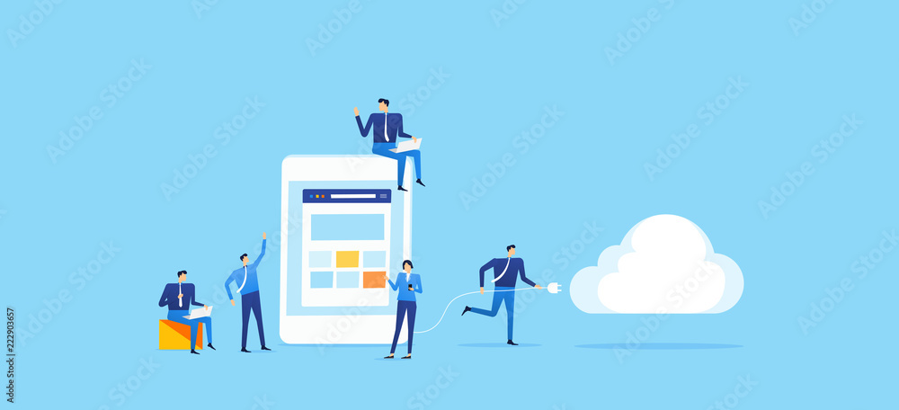 Poster team business develop application on mobile and connect to cloud computing service concept