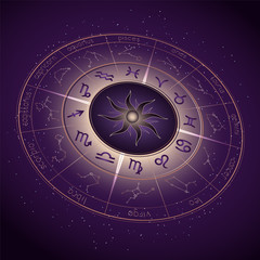 Vector illustration with Horoscope circle, Zodiac symbols and astrology constellations on the starry night sky background with geometry pattern. Image in perspective. Gold and purple elements. Vector.