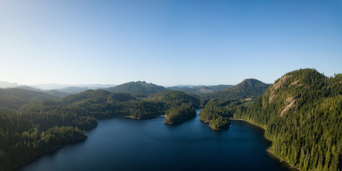 Fototapeta na wymiar Aerial panoramic landscape view of Alice Lake during a vibrant sunny summer day. Located in Northern Vancouver Island, BC, Canada.