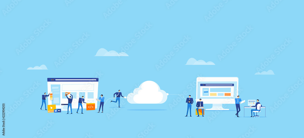 Poster team business  develop and design  web application and upload connect to cloud  for online user concept  
