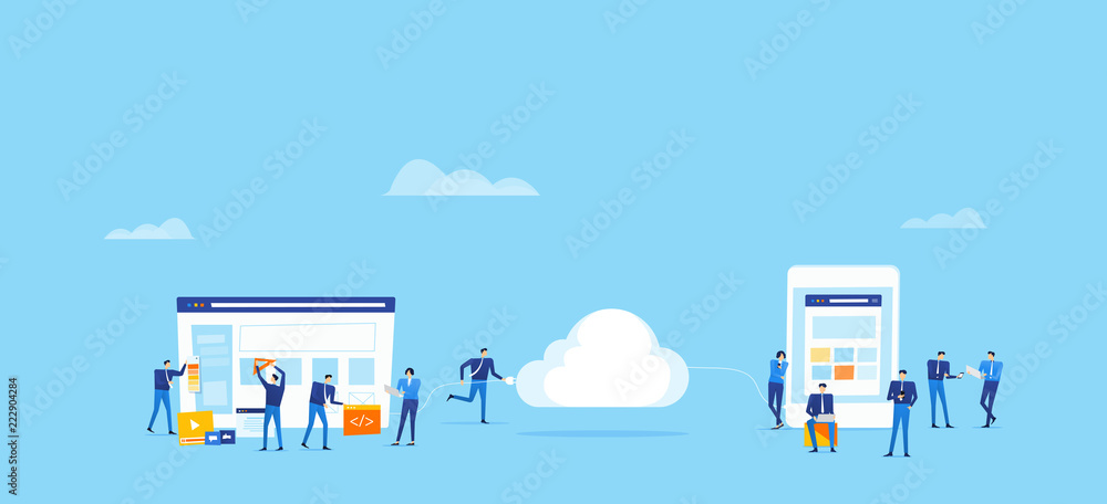 Poster team business  develop and design  web application and upload connect to cloud  for online user concept  with  group  people team working concept
