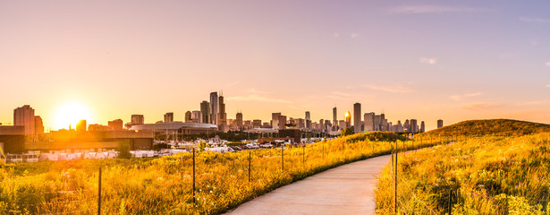 Chicago landscape photo at Northerly Island looking down curved path during beautiful sunset with wildflowers and grass in foreground at golden hour and building skyline at the horizon - obrazy, fototapety, plakaty