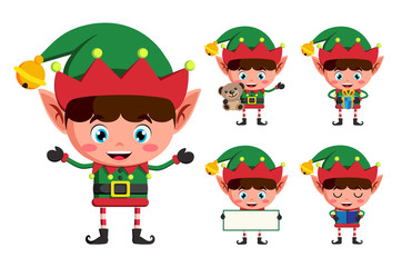 Christmas elf vector character set. Young boy elves cartoon charcaters holding christmas elements and objects isolated in white background. Vector illustration.
