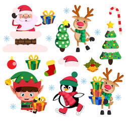 Christmas elements flat vector set with santa claus, elf and reindeer characters and christmas elements and objects in white background. Vector illustration.
