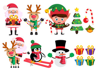 Christmas characters and elements vector set with santa claus, reindeer, elf and snowman holding christmas objects in white background.Vector illustration.
