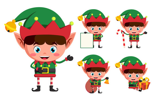 Christmas elves vector character set. Young boy elf cartoon characters holding christmas elements and objects isolated in white background. Vector illustration.
