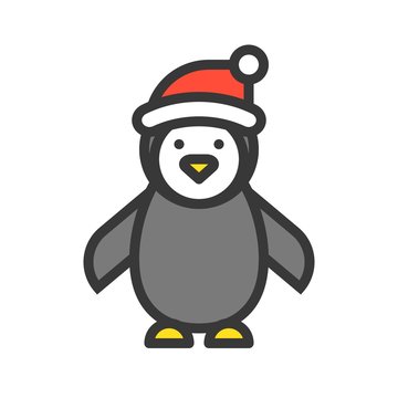 Penguin wearing Santa hat, Merry Christmas theme set, filled outline editable stroke pixel perfect icon