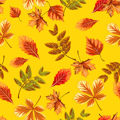 Texture of autumn tree leaves isolated on yellow background. Sketch for card, seamless texture for wrapping paper on theme of golden autumn and nature of forest. Cartoon vector close-up illustration.
