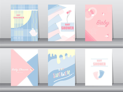 Set of baby shower card on retro pattern design,vintage,poster,template,greeting,Vector illustrations 