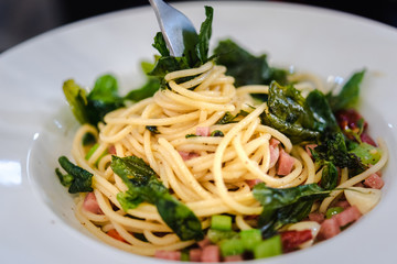 Spaghetti spicy with bacon and basil dried chilli