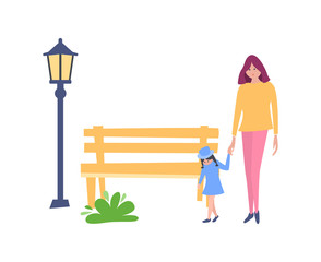Fototapeta premium Young mother with little kid daughter, walking in recreation park.