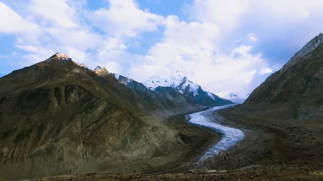 Beautiful landscpe of Drang-Drung Glacier with flowers, Mountain glacier on zanskar road at Himalaya Range, Zanskar Range, Pensi La, Jammu and Kashmir, Ladakh India.