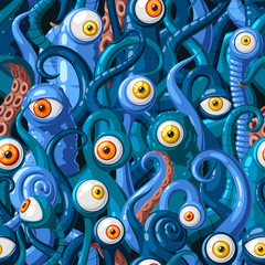 Бесшовный векторный узор из мультяшных глаз и щупалец монстров с голубой кожей и желтыми глазами. Векторная иллюстрация.